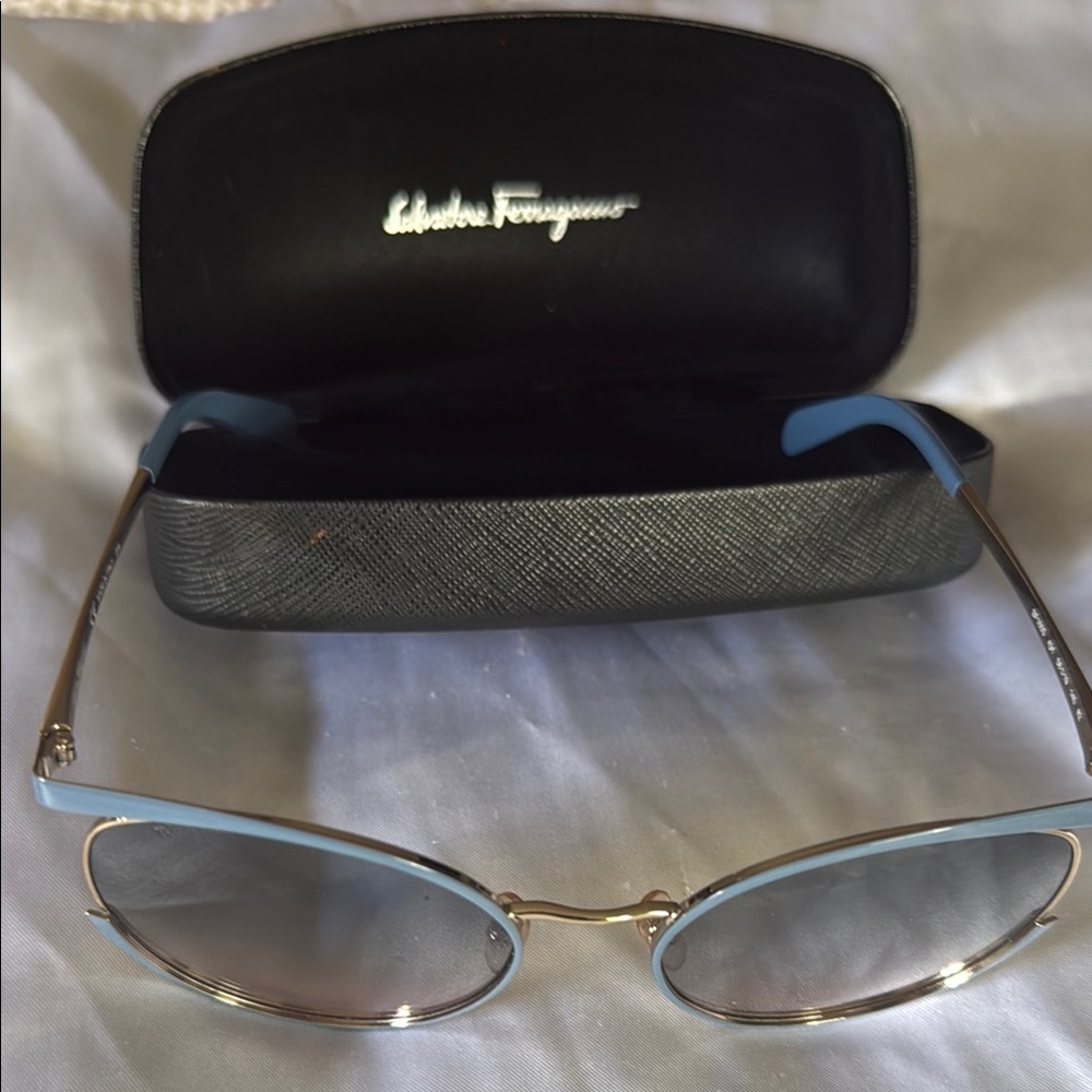 Salvatore Ferragamo Blue and Gold Aviator Sunglasses